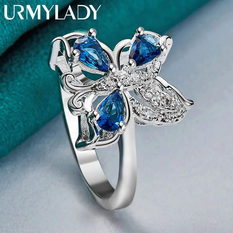 925 Sterling Silver Butterfly Blue Zircon Ring