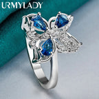 925 Sterling Silver Butterfly Blue Zircon Ring