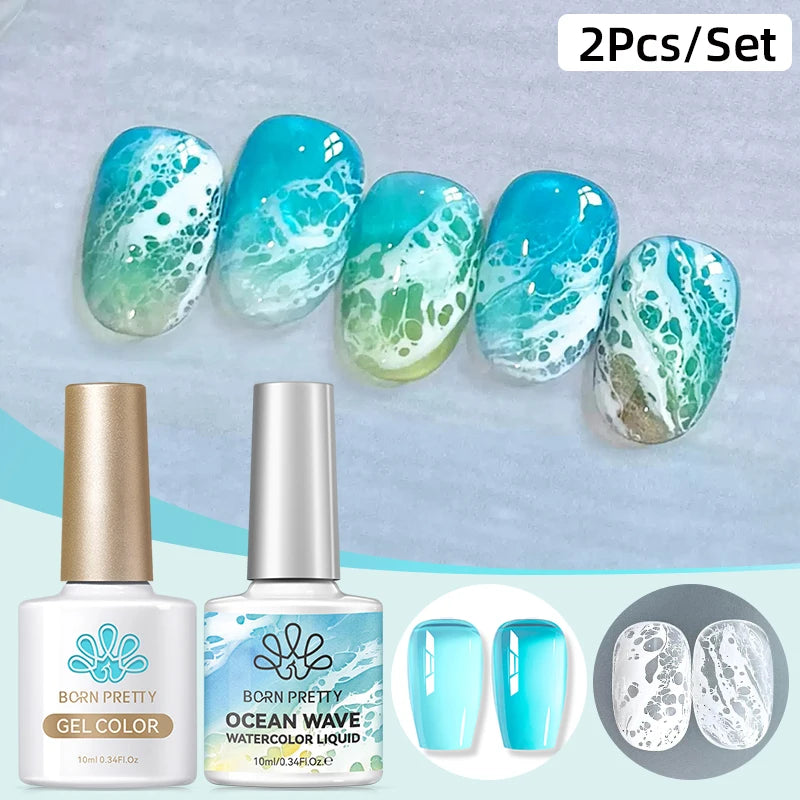 BORN PRETTY 1/2Pcs Ocean Wave Watercolor Liquid Gel Nail Polish Set