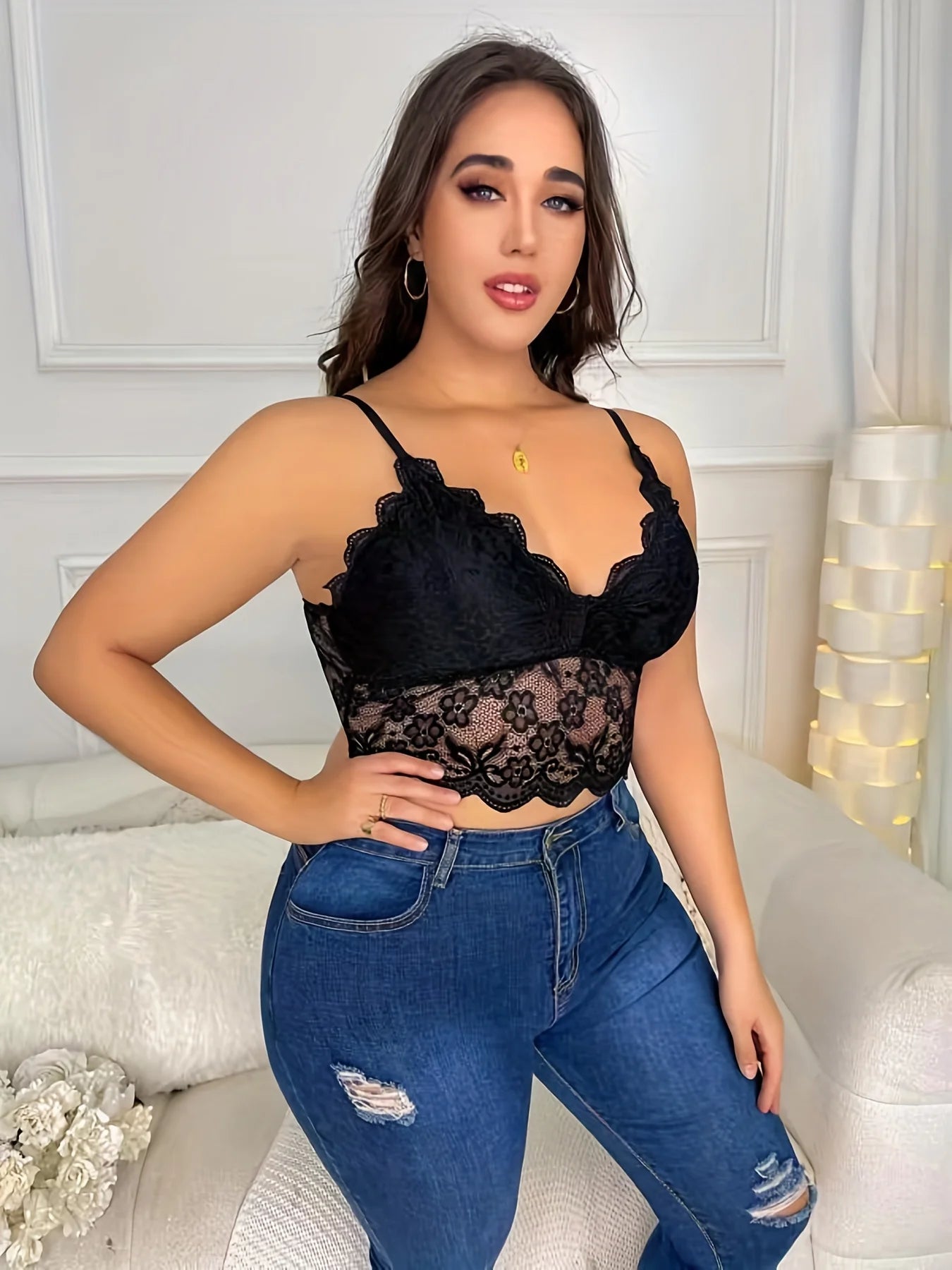 V-Neck Lace Floral Embroidery Longline High Stretch Elegant Tank Top