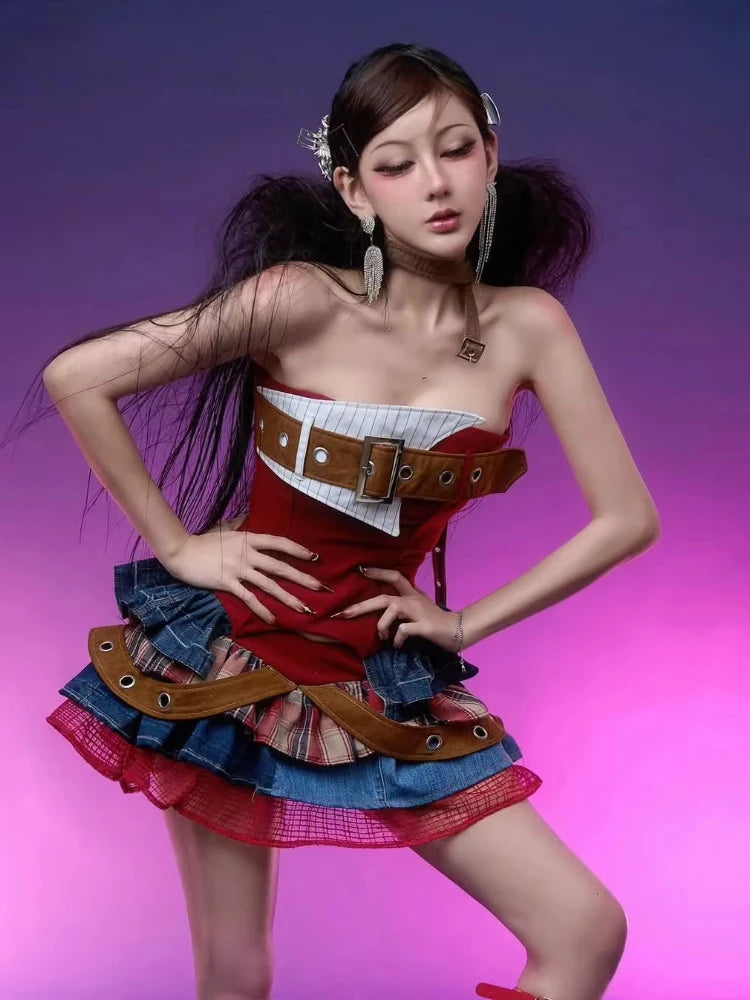 Preppy Style Vintage Red Denim Bustier Tops + Sweet Spicy Pure Design Mini Cake Skirt Set