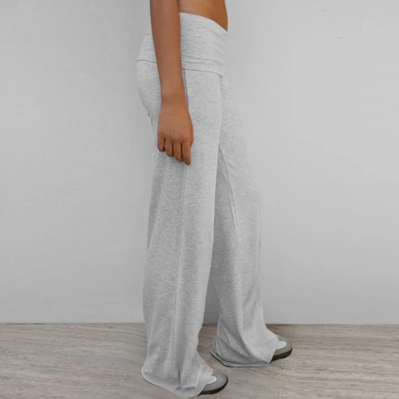 Women Embroidery Fold Over Waistband Stretchy Yoga Pants Flared Pants Leggings Bell Bottoms Preppy Teen Girl Lounge Trousers