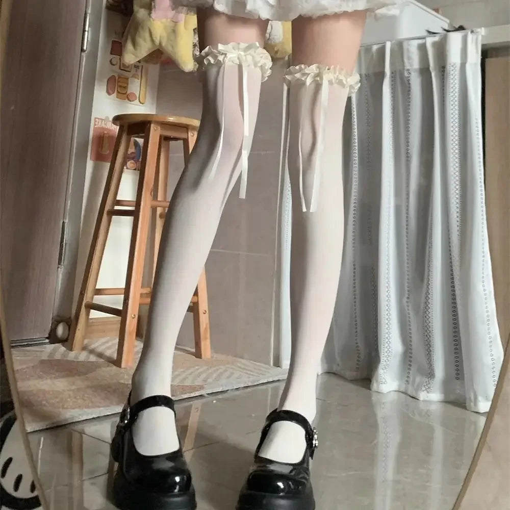 Lace Bow Thigh High Socks