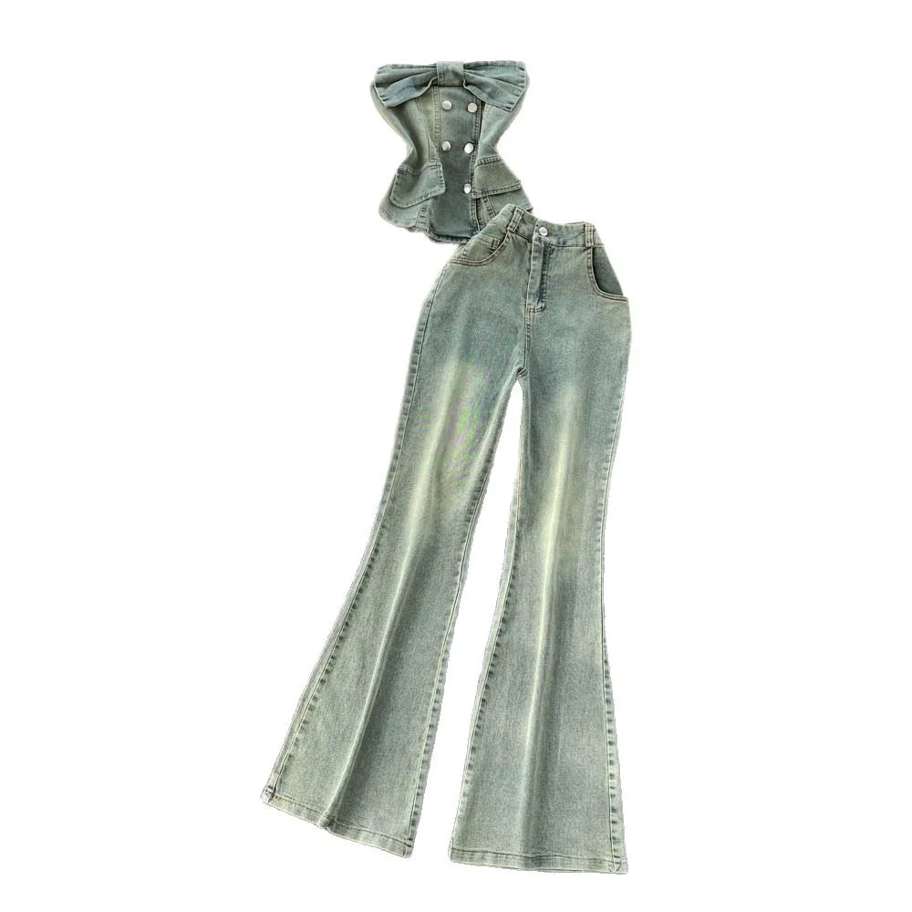 Denim Button Pocket Strapless Top Zipper Empire Waist Full Length Flare Pants Set