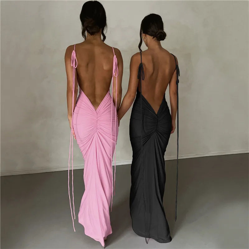 Deep V-Backless Ruched Maxi Dress