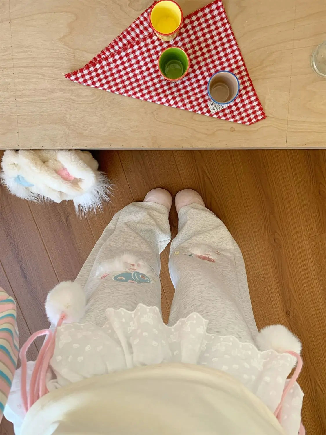 Cute Bunny Graphic Wide-Leg Lounge Pants – Grey with Pink Ribbons & Pom-Poms