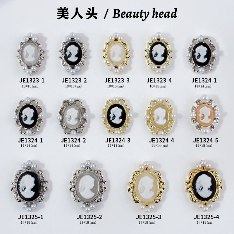 10Pcs Retro Baroque Gril Nail Art Charm 3D Emboss Black White Girl Head Nail Decoration Gold/Silver Metal Edging Nail Jewelry &*