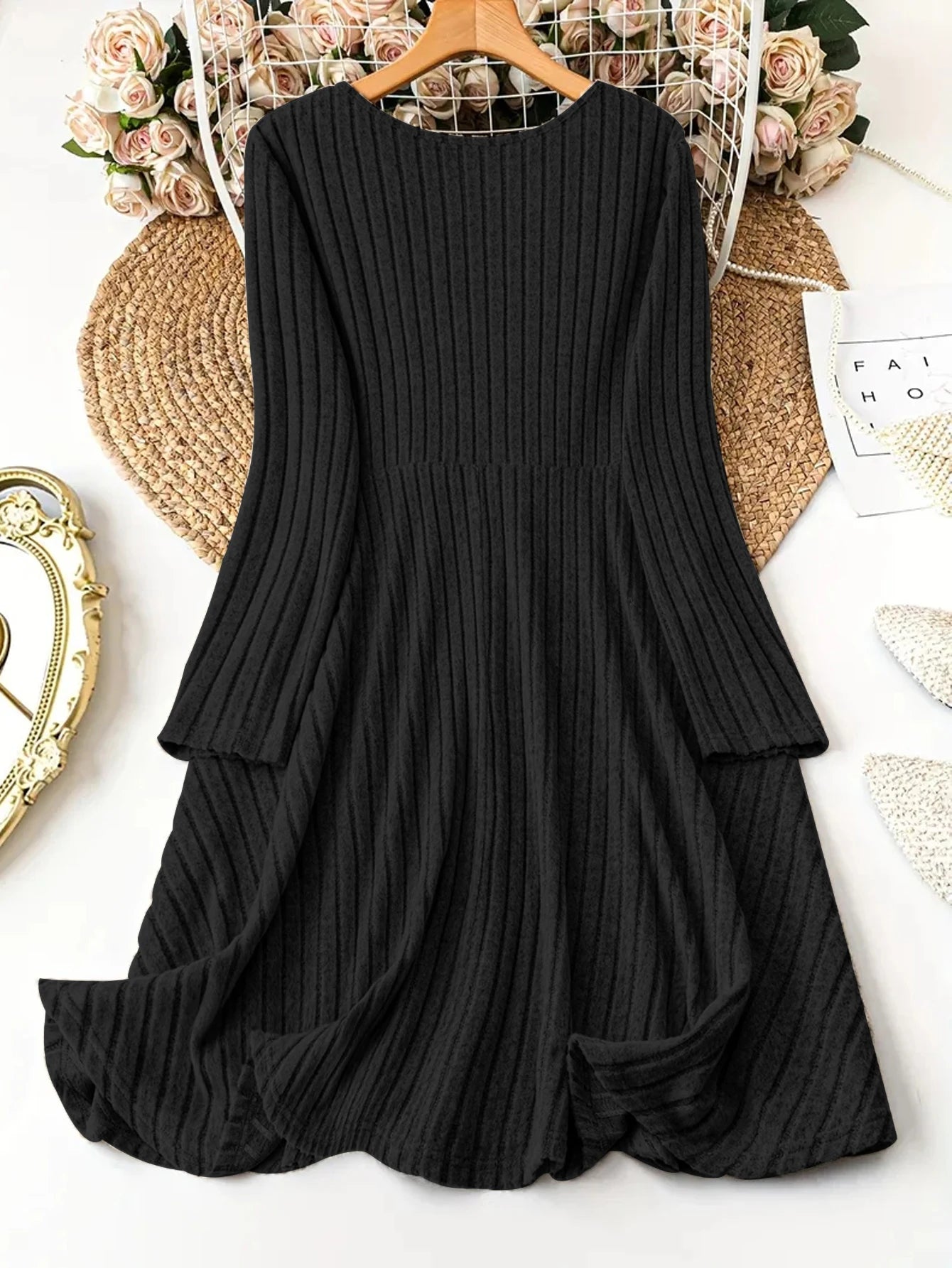 Solid Color V-Neck Long Sleeve Stripe Dress