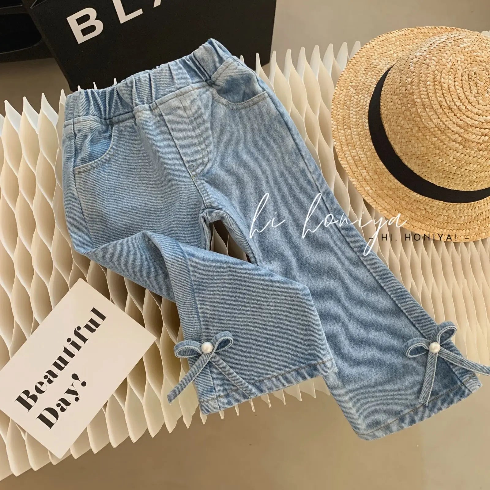 Denim Pants with Pearl Bow Detail