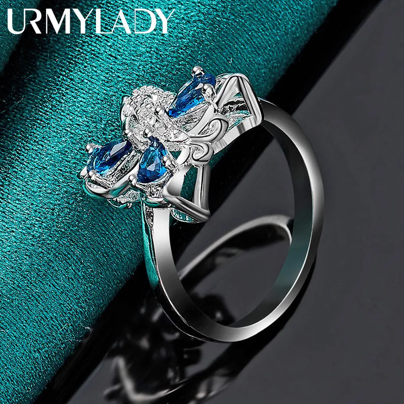 925 Sterling Silver Butterfly Blue Zircon Ring