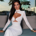 Solid Full Sleeve Hollow Out Turtleneck Sheath Hip Wrap Long Dress