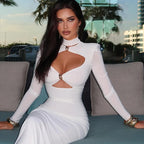 Solid Full Sleeve Hollow Out Turtleneck Sheath Hip Wrap Long Dress