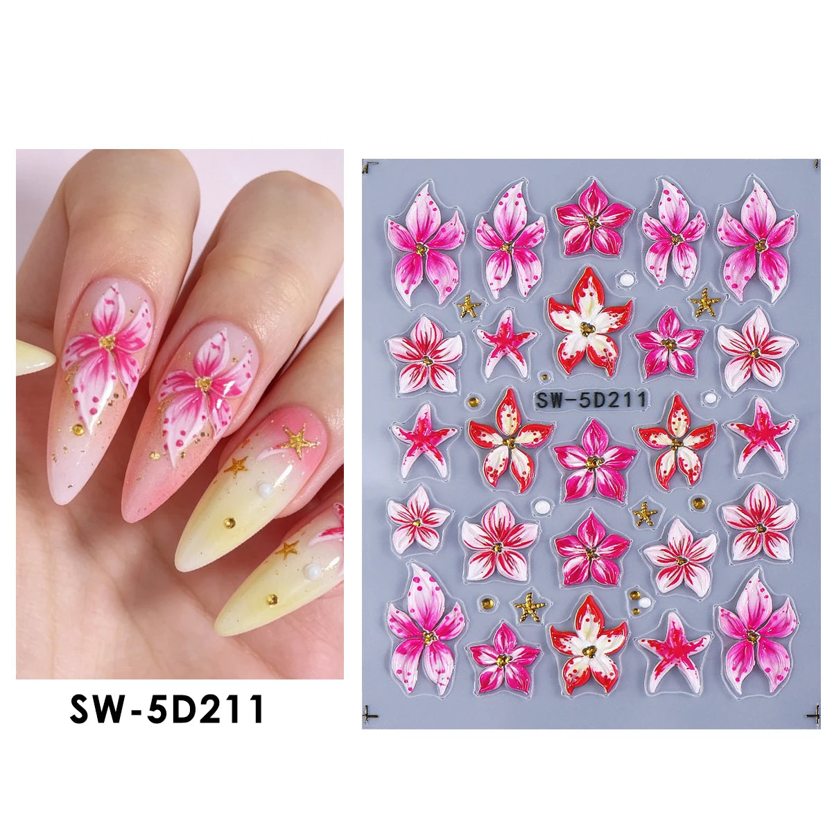 5D Summer Flowers Nail Embossed Stickers Pink Frangipani Hibiscus Five Petal Floral Starfish Decal DIY Tropical Manicure Sliders