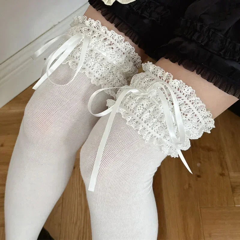 Lace Bow Over Knee-High Socks