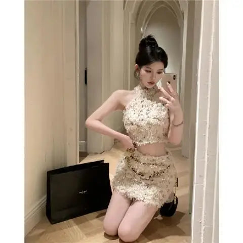 Halter Neck Sequin Top Half Body Hip Short Skirt Set