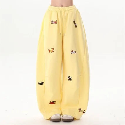 Sausage Dog Pattern Loose Embroidery Trouser