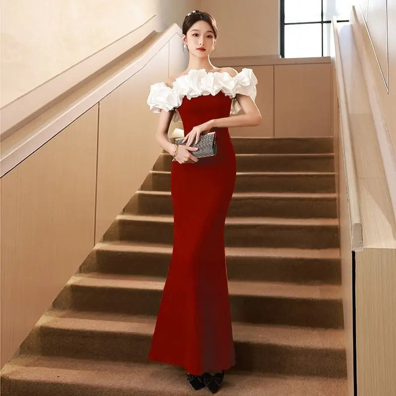 Ruffled Off-Shoulder Evening Gown