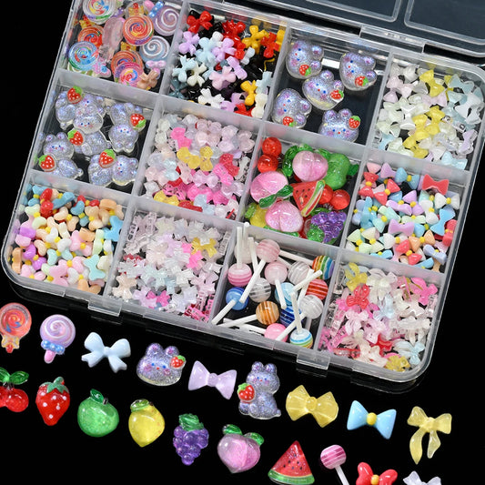 1Box 3D Resin Candy Color Bow Nail Art Charms Cartoon Rabbit /Lollipop/Fruit Nail Art Decorations Kawaii Bowtie Nail Suppies U7#