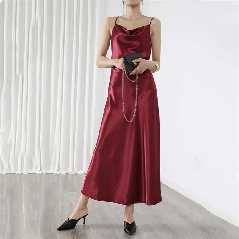 Solid Ice Silk Spaghetti Strap Dress