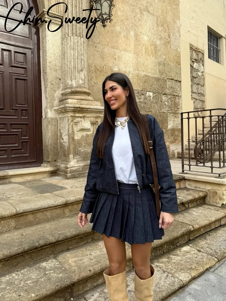 Denim Coat Mini Skirt Set