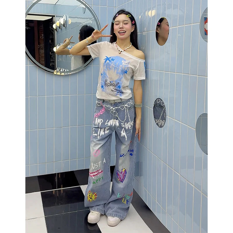 Baggy Graffiti Print Jeans