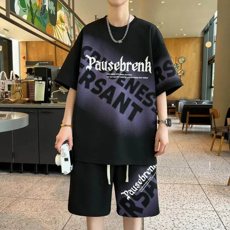 メンズ Tシャツ ショーツ 2点セット 2024 赤いトラックスーツ 原宿系 韓国風 ハイストリート ファッション クリエイティブ パターン メンズ ショートスーツ