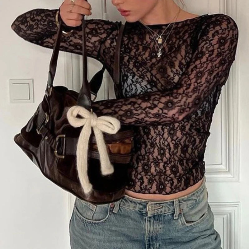 Sheer Mesh See Through Long-Sleeve Top