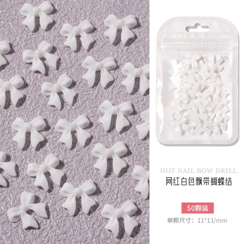 50PCS Aurora Acrylic 3D Nail Art Bow Charm For Nails Decoration Design Kawaii Manicure Accessories Bow-knot DIY Craft Supplies