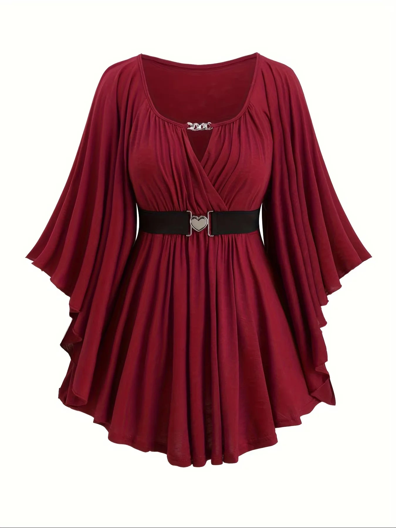 Draped Surplice Tunic Top with Heart Buckle Belt & Butterfly Sleeves