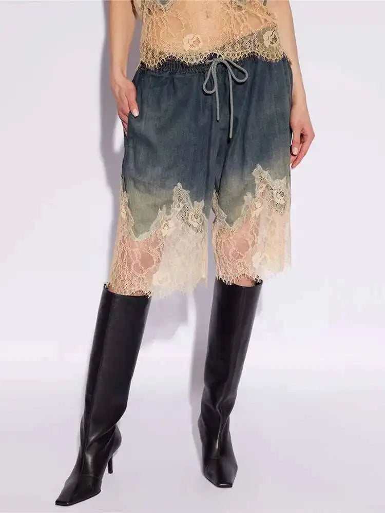 DEAT 2 Pcs Set Denim Lace Backless Tank Tops High Waist Lace-up Pockets Knee Length Shorts