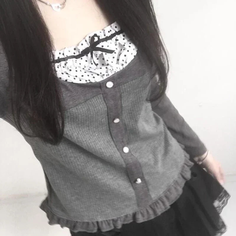 Polka Dot Print Contrast Patchwork Knitted Top