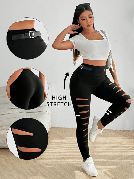 Hollow Out Torn Knitted Zipper Buckle Decorated High Waist Tight Sports Pants