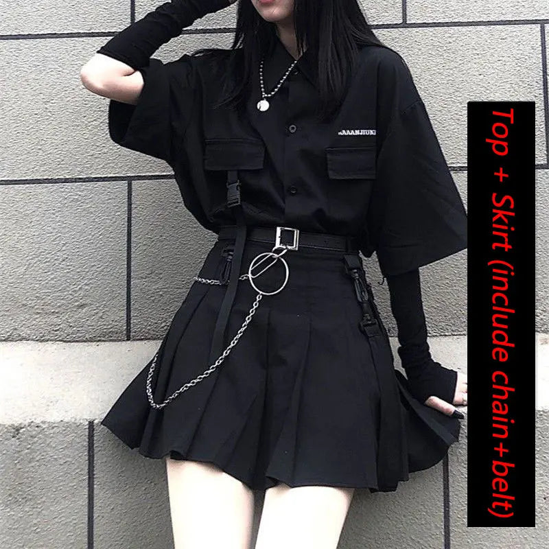 Loose Shirt Pleated Mini Skirt Set