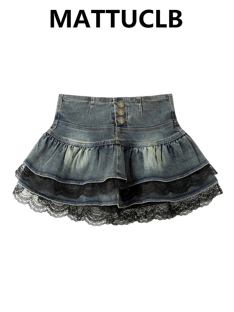 Ruffled Denim Skirt with Layered Lace Detail