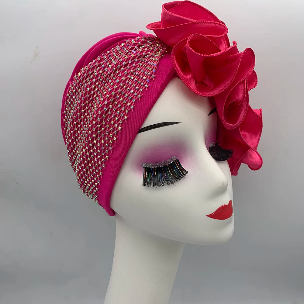 Full Body Rhinestones Mesh Women's Turban Cap Cross Twist Female Headscarf Bonnet African Head Wraps Lady Headwear Indian Hat