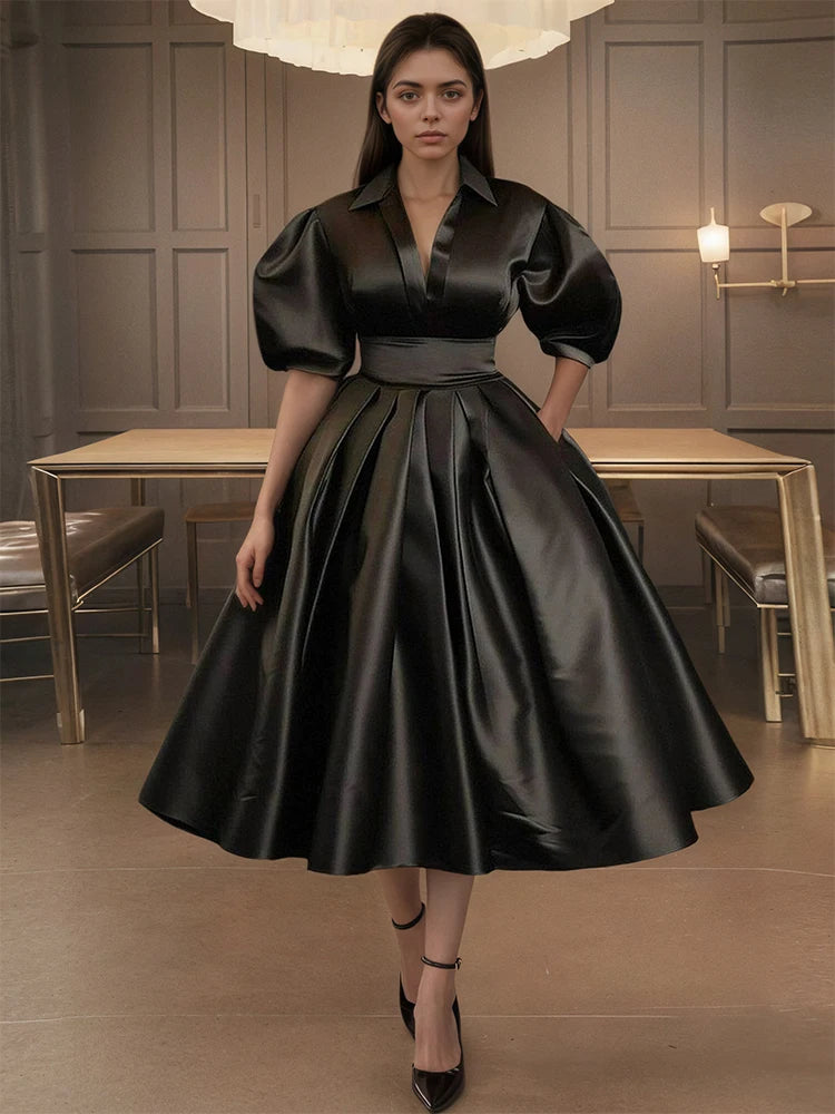 Satin Elegant Puff Sleeve Dress