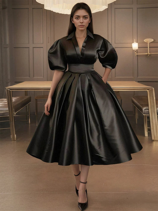 Satin Elegant Puff Sleeve Dress