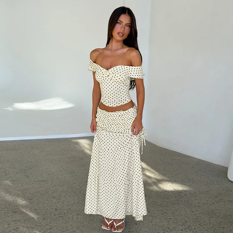 Polka Dot Crop Top And Side Bow Skirt Set