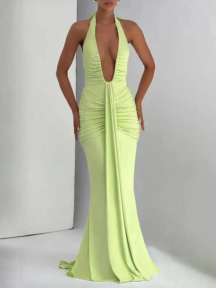 Deep V Neck Backless Ruched Maxi Dress
