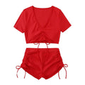 Women Summer Bikini Set V-Neck Short Sleeve Tops High Waist Drawstring Swimming Trunks Swimsuit bikini swimwear 2024