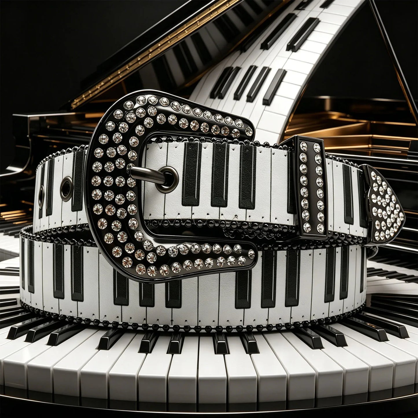 Western Cowboy Rhinestone Buckle PU Belt, Cute Pink Piano Keys & Musical Notes Print Glitter Decor Belt for Women Jeans Pants