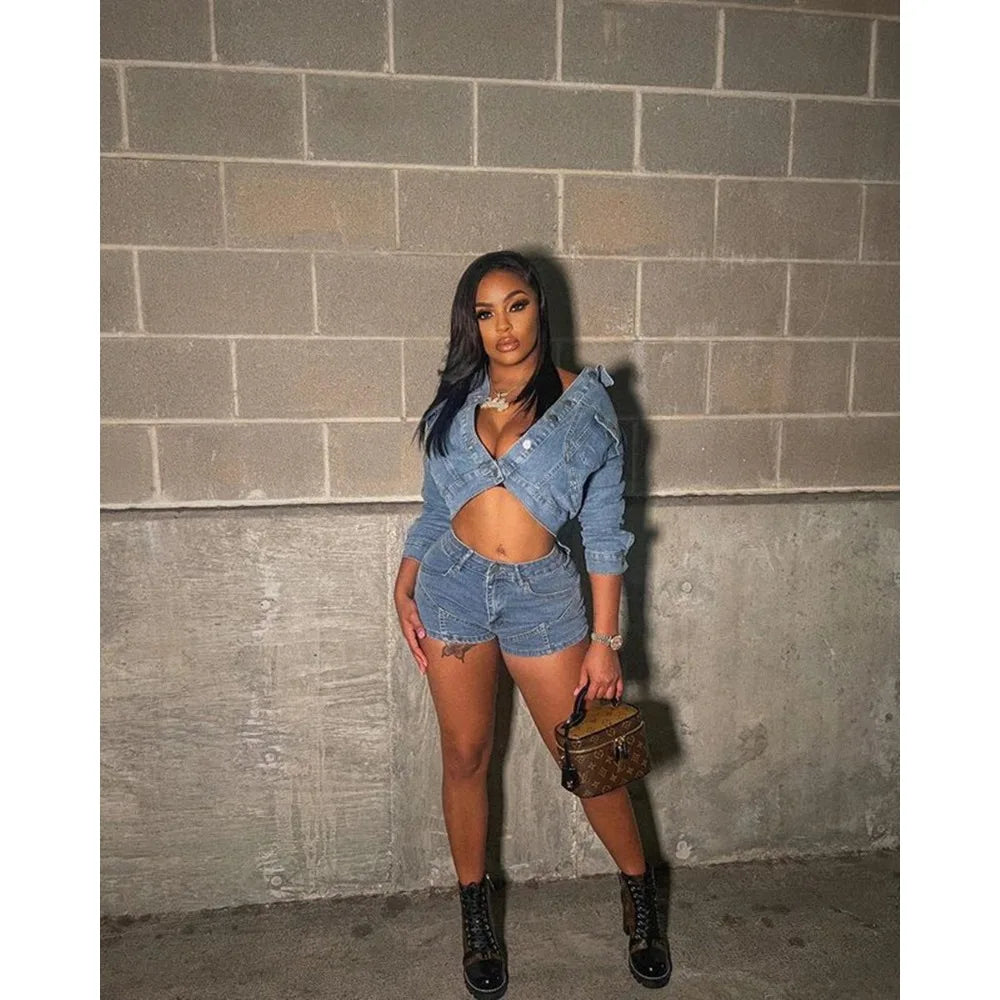 Denim Jacket Shorts Two Piece Set