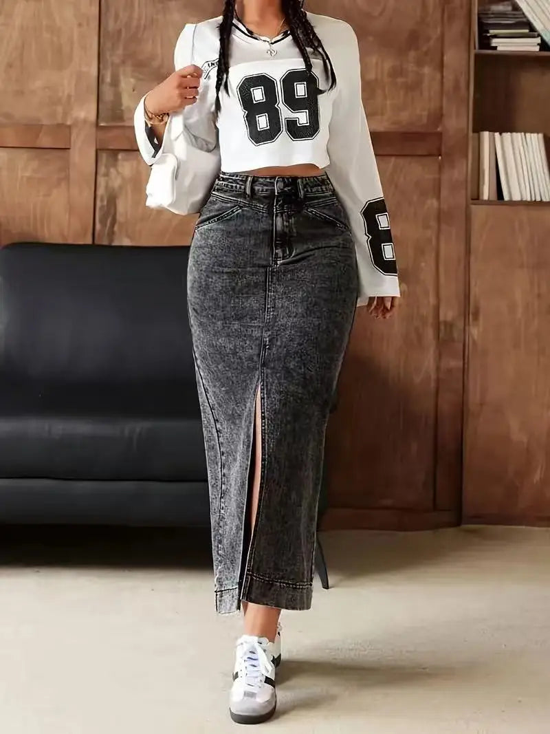 High-Waisted Front-Slit Denim Skirt