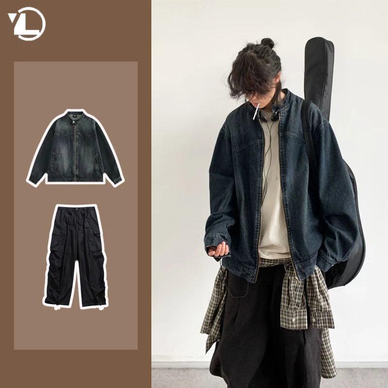 Denim Jackets+Big Pocket Wide Leg Cargo Pants Set