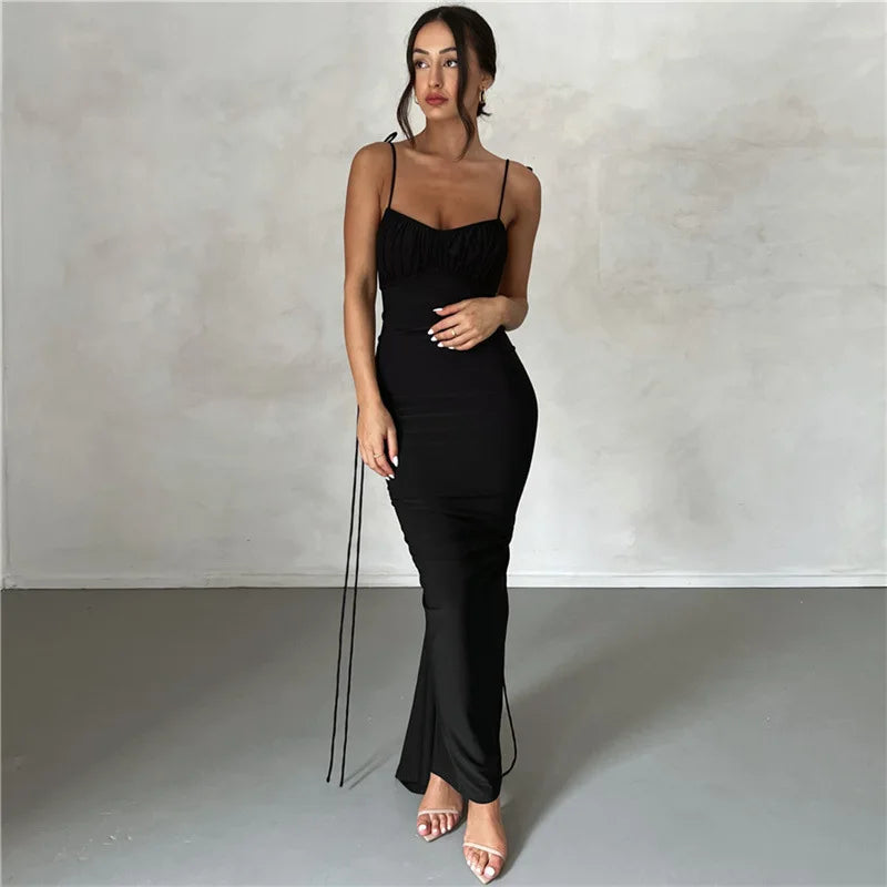 Deep V-Backless Ruched Maxi Dress