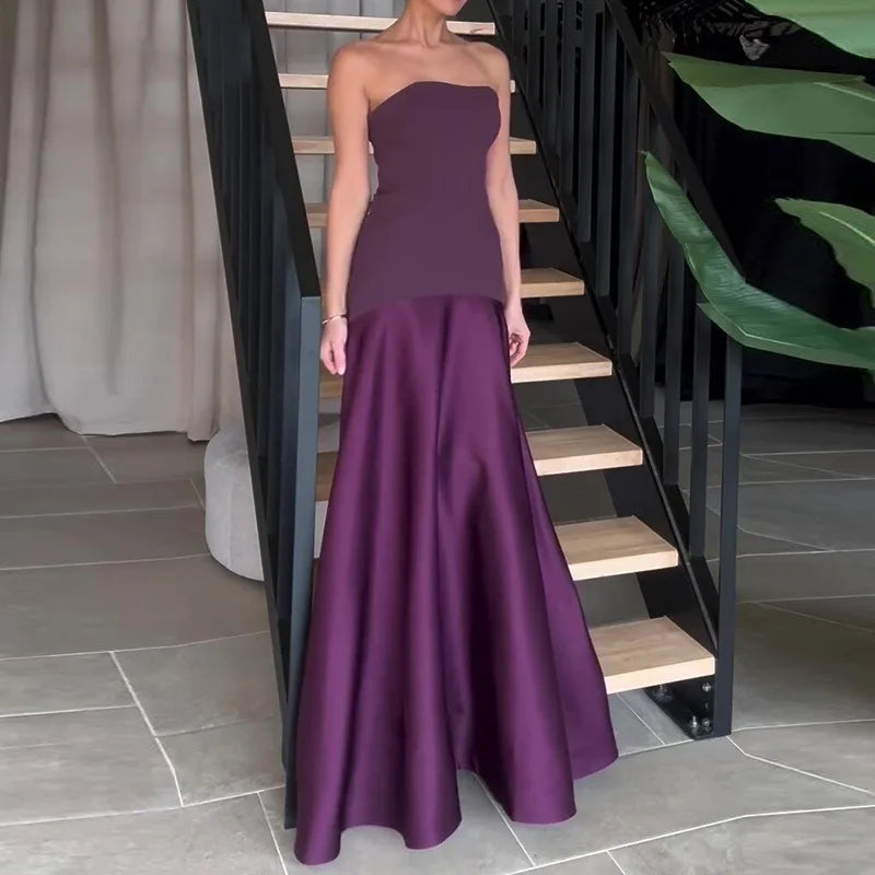 Strapless Drop-Waist Satin Maxi Gown