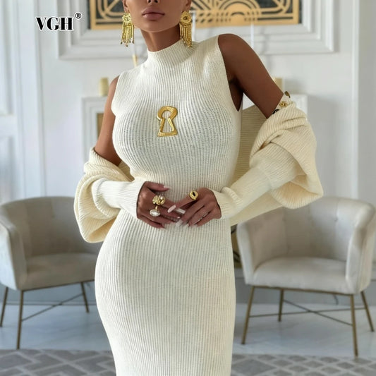 VGH Stand Collar Sleeveless High Waist Bodycon Vest Dress with Long Sleeve Coat Knitted Set