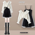Bubble Sleeve Shirt + Suspended Skirt Set