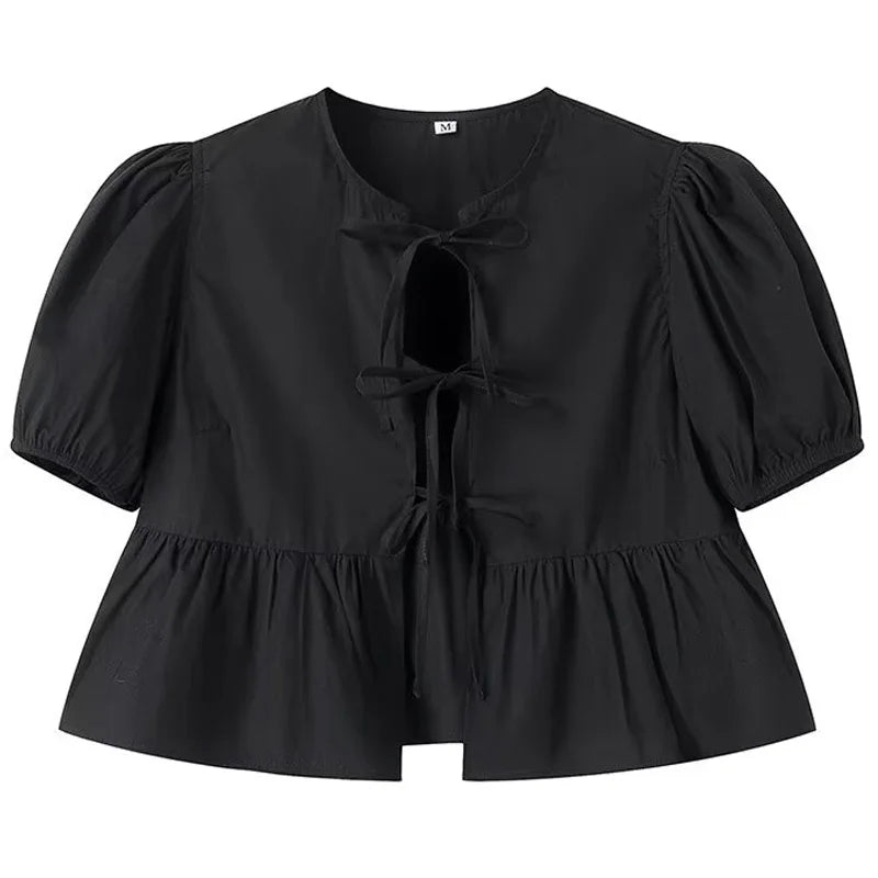 HXAO Frill Loose Fit Top Short Sleeve Crop Lace-Up Blouse