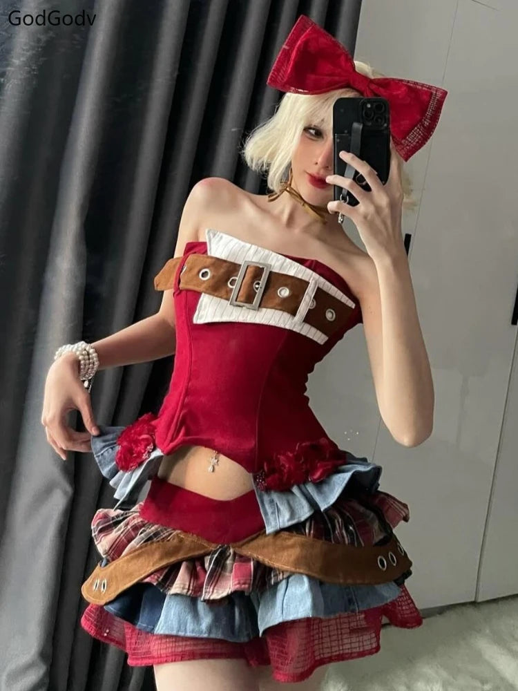 Preppy Style Vintage Red Denim Bustier Tops + Sweet Spicy Pure Design Mini Cake Skirt Set